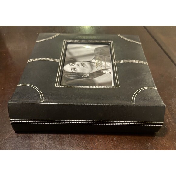 NWT Black Faux Leather White Stitching Pocket Photo Album Notes Spaces Fetco - Picture 2 of 6